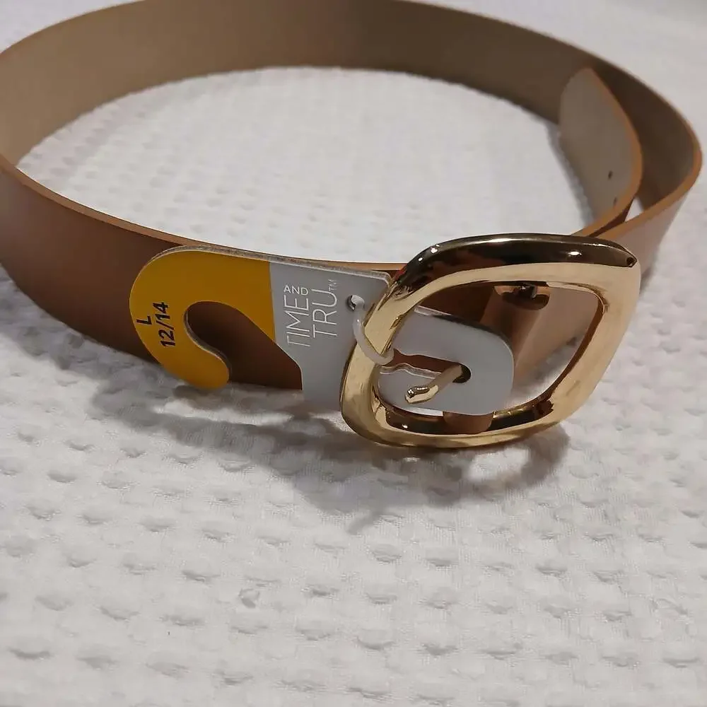 Time and Tru Tan Brown Women's Belt with Gold Tone Buckle Size L 12/14 New